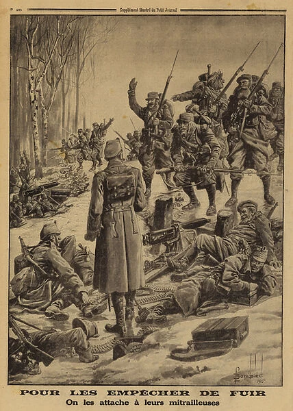 French soldiers capturing a German position manned by enemy soldiers secured to their machine guns by their officers to prevent them from retreating, World War I, 1915 (litho)