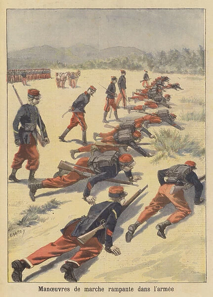 French soldiers on manoeuvres (colour litho)