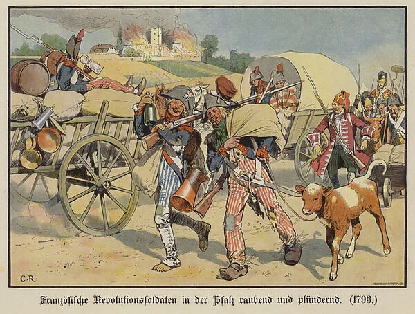 French soldiers robbing and plundering in the Palatinate, 1793 (colour litho)