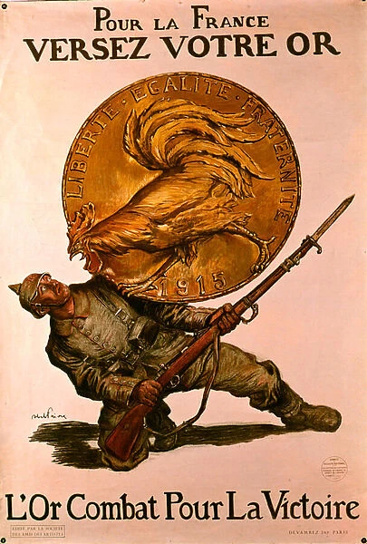 French World War I poster encouraging people to deposit money at banks for the war effort, 1915 (colour litho)