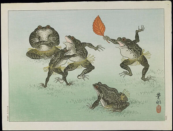 Frogs Wrestling, 1930s (colour woodblock print)