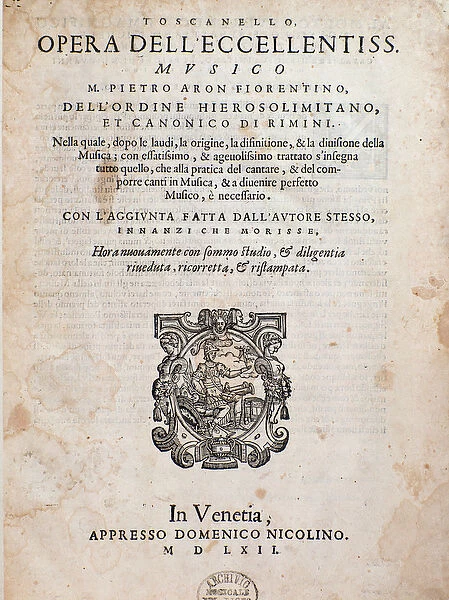 Frontispice of Toscanello in musica by Pietro Aron, 1562