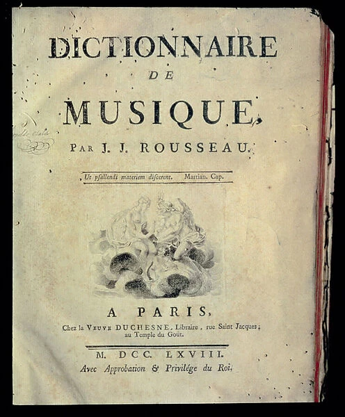 Frontispiece to the Dictionary of Music by Jean Jacques Rousseau (1712-78), 1768 (engraving)