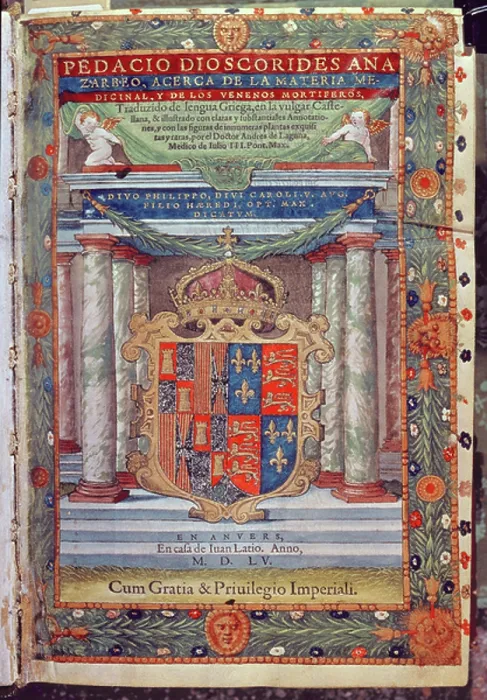 Framed Print : frontispiece to Dioscorides, a medical treatise translated from the Greek into Spanish and illustrated by Doctor Andres de Laguna, physician to Pope Julius III (1443-1513) Framed Print : frontispiece to Dioscorides, a medical treatise translated from the Greek into Spanish and illustrated by Doctor Andres de Laguna, physician to Pope Julius III (1443-1513)
