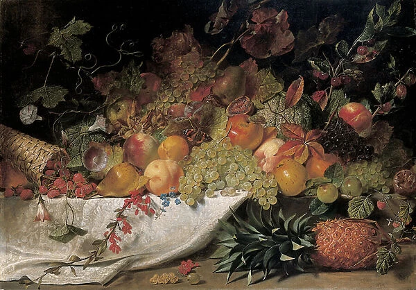 Fruit and flowers on a stone ledge, 1829 (oil on canvas)