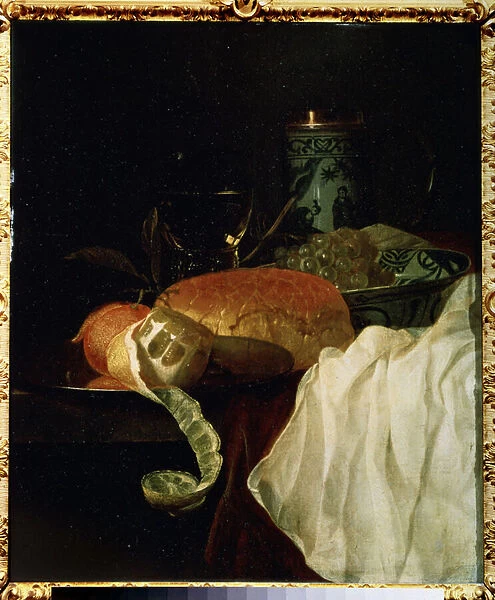 Fruit, pain et vin (Fruit, bread and wine). Peinture de Jurlaen van Streeck (1632-1687). Huile sur bois, 53 x 45 cm, 17e siecle. Ecole flamande, art baroque. Musee des Beaux Arts Pouchkine, Moscou