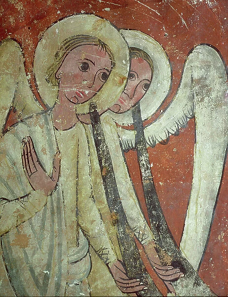 Funerary monument, angels with trumpets of Judgment, detail (fresco)