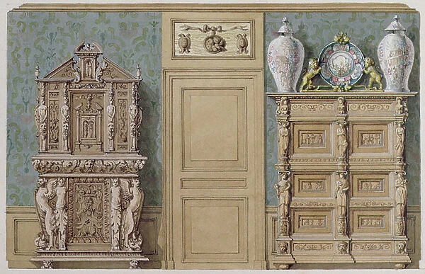 Furniture in the dining room at rue Fortunee, house bought by Balzac in 1847, 1851 (w / c on paper)