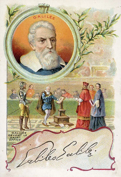 Galileo, a promotional card for Poulain chocolate with illustrations of Galileo's trial by the Inquisition and his signature, c. 1910 (colour lithograph)