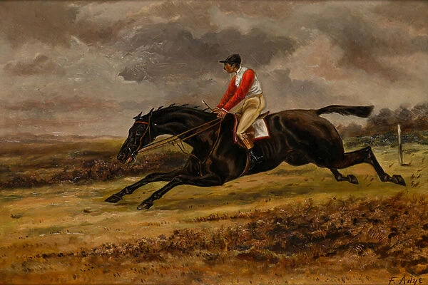A galloping horse with jockey up, wearing Bradford racing colours, c. 1839-98 (oil on canvas)
