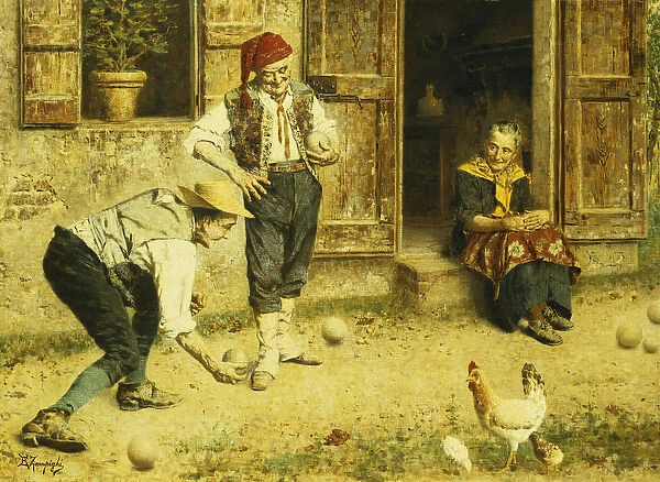 A Game of Bocci, (oil on canvas)