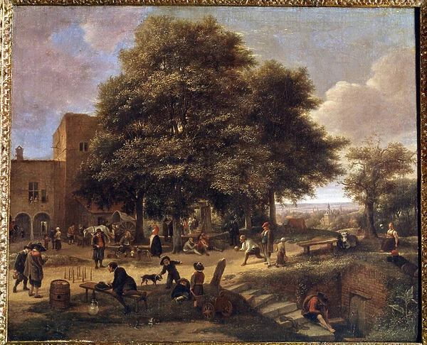 The game of bowling Group of peasants playing and resting in a farm yard