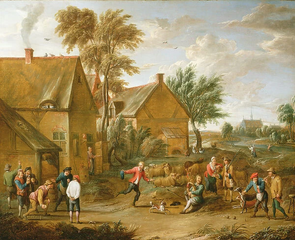 A Game of Bowls by a Tavern (oil on canvas)