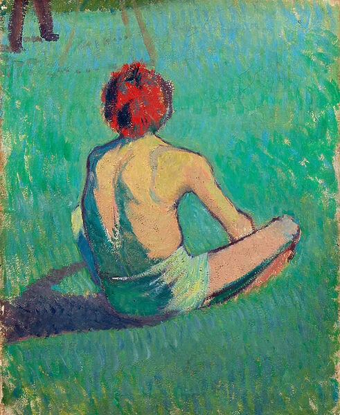 Garcon assis dans l herbe (Boy sitting in the grass) - Peinture de Emile Bernard (1868-1941), huile sur toile, 1886, art francais 19e siecle, ecole de Pont Aven (Pont-Aven) - Van Gogh Museum, Amsterdam (Pays Bas)