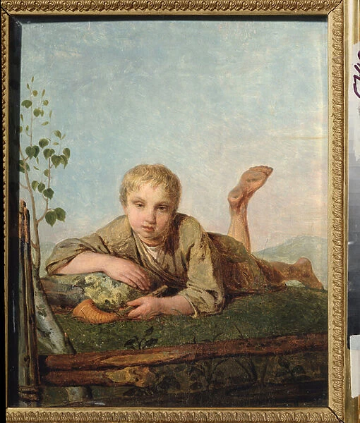 Garcon berger avec une pipe (Sheperd boy with a pipe) - Peinture de Alexei Gavrilovich Venetsianov (1780-1847), huile sur toile, vers 1820, art russe, 19e siecle, romantisme - Regional Art Gallery, Tver (Russie)