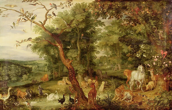 The Garden of Eden; in the background The Temptation (oil on oak panel)