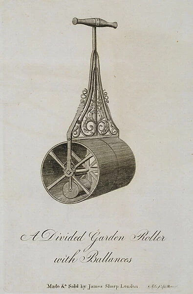 Garden roller with divided barrel and balances, 1773 (engraving)