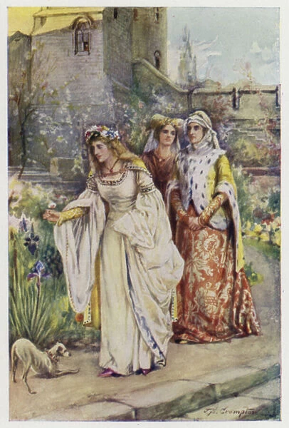 For there in the garden walked the fairest lady he had ever seen, scene from The Kingis Quair, 15th Century poem attributed to King James I of Scotland (colour litho)