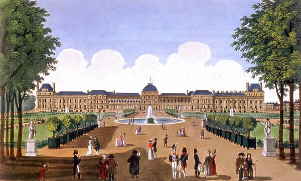 the gardens of Tuileries and the Louvre palace in Paris, c. 1810 (engraving )