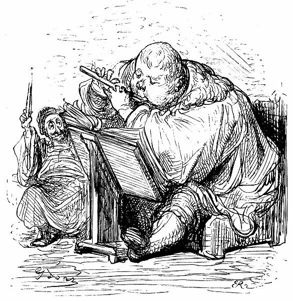 Gargantua education: the young gentleman learns to play flute with his music teacher. Engraving by Gustave Dore illustrating the work of Rabelais