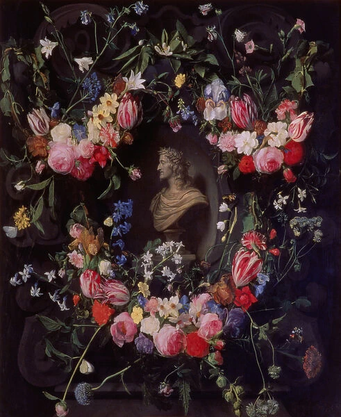Garland of flowers surrounding a marble bust of Archduke Leopold Guglielmo, c