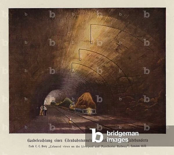 Gas lighting in a railway tunnel in the early 19th Century (colour litho)