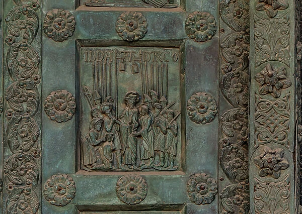 The gate by Bonanno Pisano (1185-6): bronze tile depicting 'The Kiss of Judas'(scene of the New Testament)