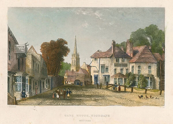 Gate House, Highgate, London (coloured engraving)