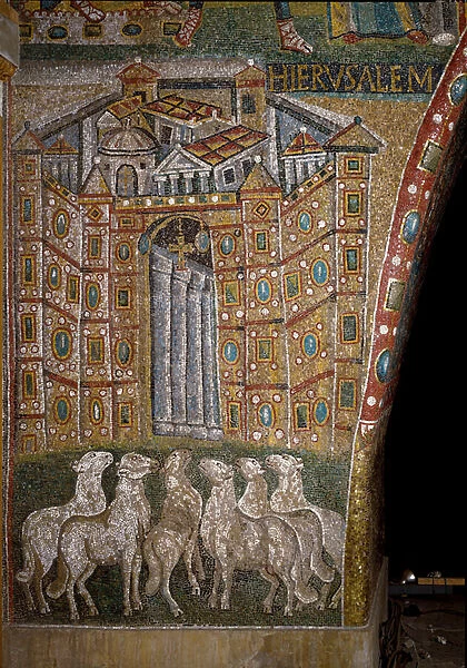 The Gate of Jerusalem with lambs symbolising the Apostles (mosaic)