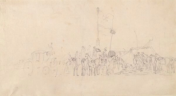A Gathering of horsemen with coach, tents and flags (graphite on paper)