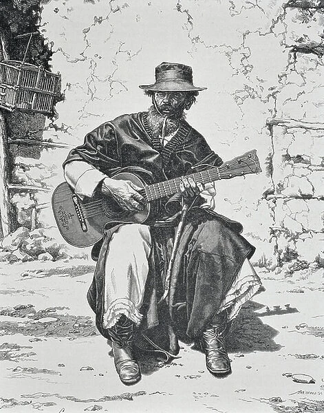 Gaucho playing the guitar, Argentina, mid 19th century (engraving)