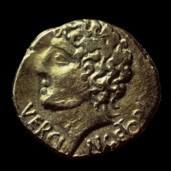 Gaulish gold statere (Arvernes) has the effigy of Vercingetorix (72-46 BC