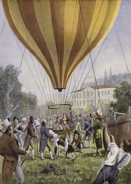 Gay-Lussacs balloon ascent from Paris, 9 September 1804 (colour litho)