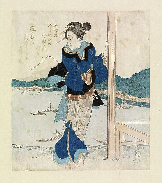 Geisha on the balcony of a cherry tree pavilion, c. 1830 (colour woodcut)