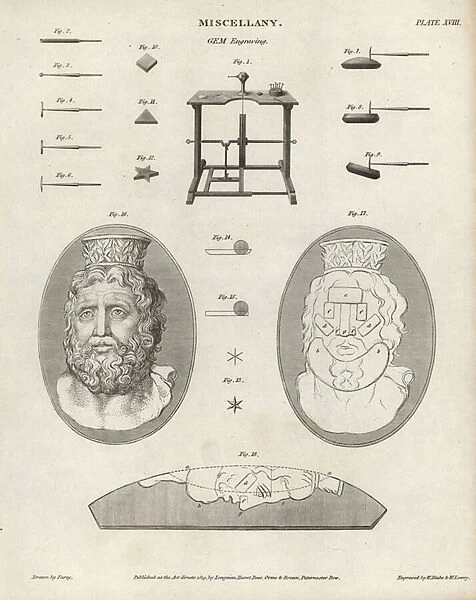 Gem and cameo engraving tools and equipment. Copperplate engraving by William Blake and Wilson Lowry after a drawing by J. Farey from Abraham Rees Cyclopedia or Universal Dictionary of Arts, Sciences and Literature, Longman, Hurst, Rees