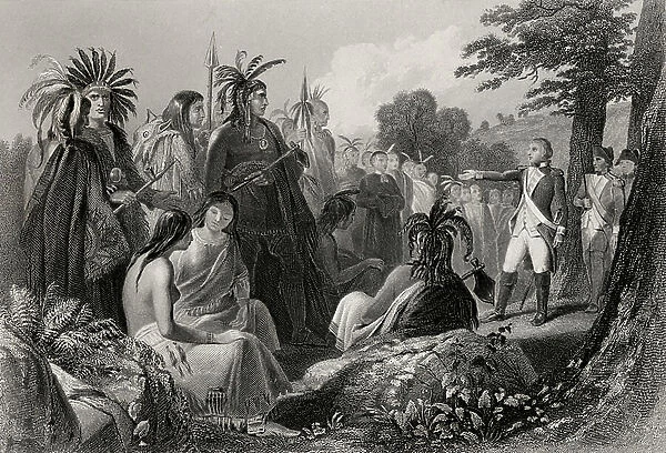General Burgoyne addressing the Indians. General John Burgoyne, 1723-1792. British General and playwright. From a 19th century print engraved by J C Armytage after H Warren