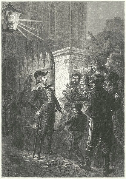 General Daumesnil confronts the Parisian mob outside the Chateau de Vincennes during the French Revolution of 1830 (engraving)