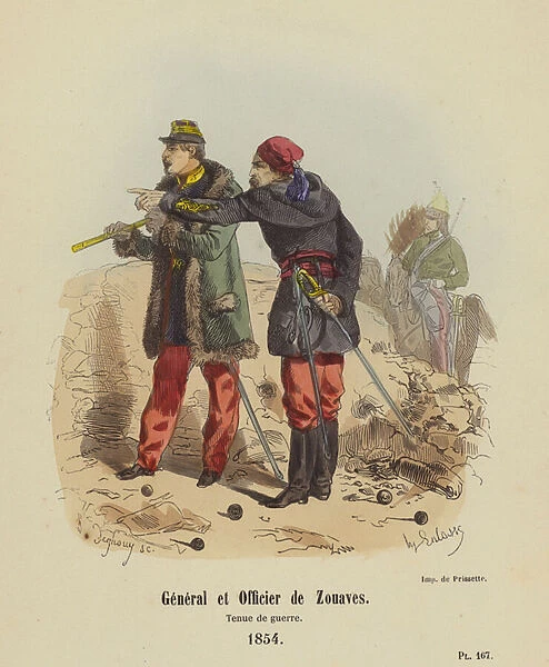 General et Officier de Zouaves, Tenue de guerre, 1854 (coloured engraving)