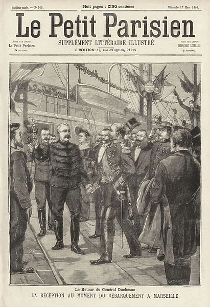 General Jacques Duchesne, commander of the French Expeditionary Force to Madagascar, welcomed back to France as he disembarks at Marseille, 1896 (engraving)