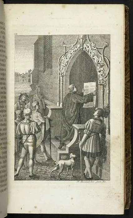 Framed Print : General Reference Collection 1126.f.1, Plate IX, Luther posting the theses, 1817 (engraving)