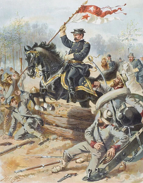 General Sheriden at the Battle of Five Forks, Virginia, 1st April, 1865 (colour litho)