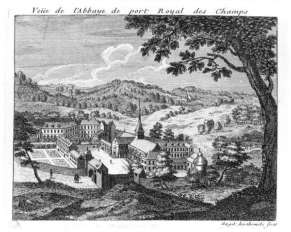 General view of the Abbey of Port-Royal des Champs, 1709 (engraving) (b  /  w photo)
