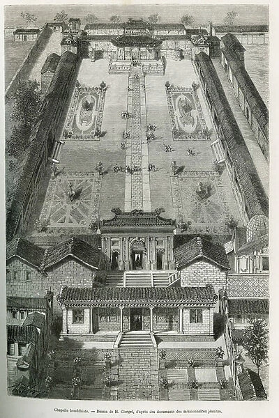 General view of a Buddhist chapel, drawing by H. Clerget to illustrate the trip to Mongolia and the country of the Tangutes from 1870 to 1873, by Lieutenant Colonel Prjewalski. Engraving in Le tour du monde, 1877, directed by Edouard Charton, Paris