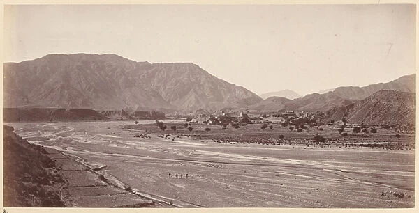 A general view of Kadm villages and pass left of Jumrood, 1879 (b  /  w photo)