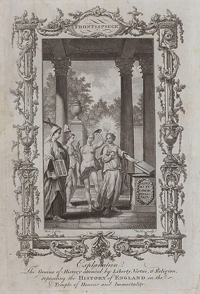 The Genius of History attended by Liberty, Virtue, and Religion, depositing the History of England in the Temple of Honour and Immortality (engraving)