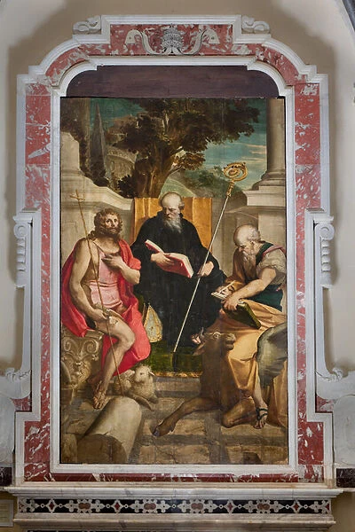 Genoa, Duomo (St Lawrence Cathedral), inside, Baptistery (formerly Church of St John the Old): 'St Benedict, St John the Baptist, and St Luke', by Luca Cambiaso, oil painting, 1562