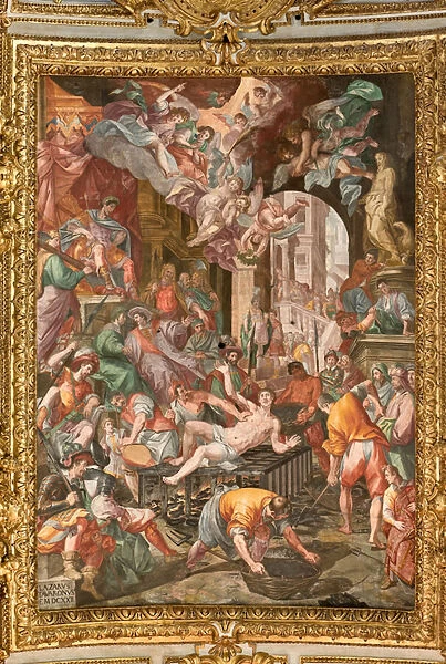 Genoa, Duomo (St Lawrence Cathedral), inside, the presbitery vault: 'The Martyrdom of St Lawrence', (1622-24), fresco of the ceiling, by Lazzaro Tavarone