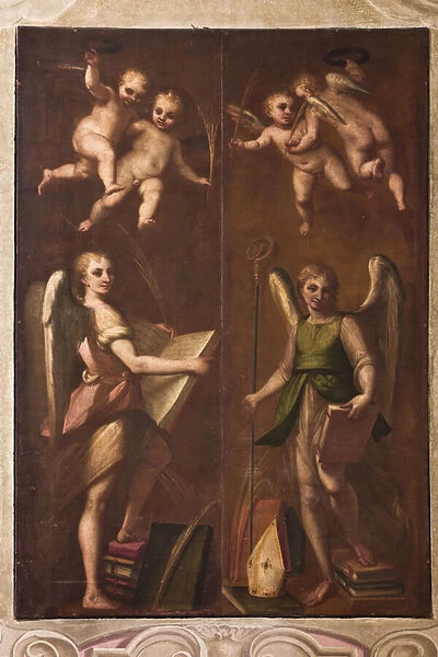 Genoa, Duomo (St Lawrence Cathedral), sacristy, chapel: 'Angels with episcopal insignia, books and palm branches', by Luca Cambiaso, about 1580