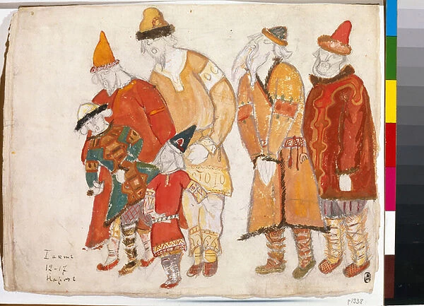 Gens du peuple. Costumes pour l opera 'Prince Igor'de Alexandre Borodine (Borodin) (1833-1887). Oeuvre de Nicolas (Nicholas) Roerich (1874-1947), aquarelle et gouache sur papier, 1914