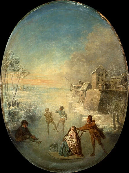 Gentlefolk on the Ice by a Walled Town in Winter (oil)